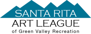 Logo for Santa Rita Art League. The logo has teal mountains in the background with white and black lettering